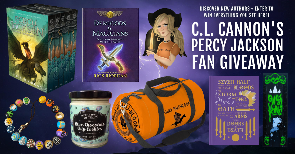 Discover new authors + enter to win everything you see here! CL Cannon's Percy Jackson Fan Giveaway. Pictures is a Percy Jackson box set, Demigods & Magicians by Rick Riordan, a Camp HalfBlood bag, notebook, necklace, candle, bookmark, & sticker!