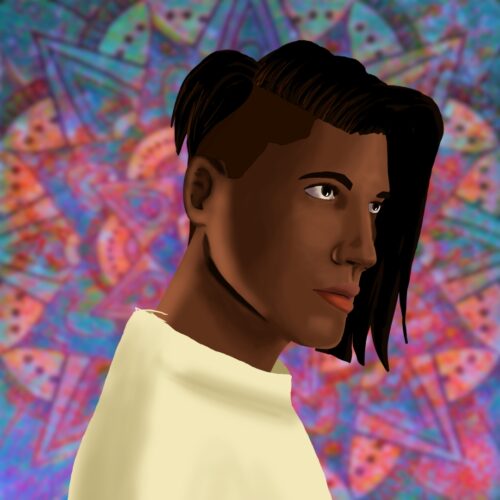 Dark-skinned person with black undercut hair wearing a beige shirt