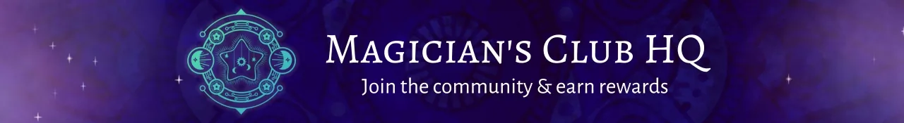 Indigo background with a faint mandala. There are purple sparkles encroaching on the left and right sides. The Gaius J Augustus logo is green, and next to it are the words "Magician's Club HQ". Underneath is a subtitle that reads "Join the community and earn rewards"
