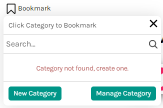 The bookmark icon with the work Bookmark after it. A popup is just below it, prompting the user to select a category to add the bookmark to. The user can also add, manage, or search existing categories.